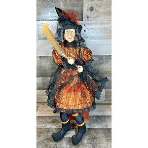 Halloween 28" Witch Doll Shelf Sitter w/ Broom Holiday Home Orange dots Lace EUC